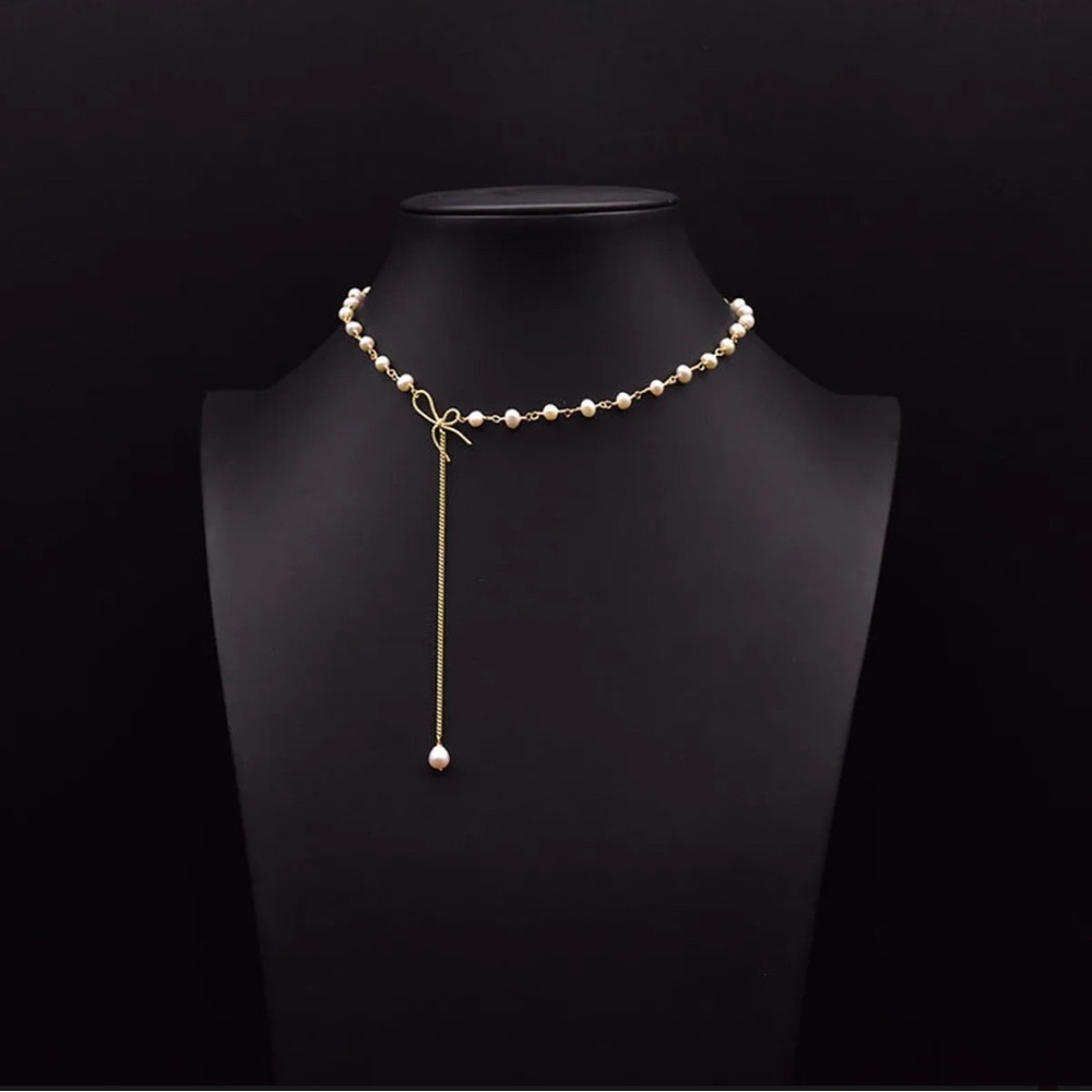 Retro Bow Knot Freshwater Pearl Copper Plating Gold Plated Necklace